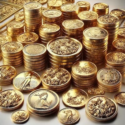 Stack of gold coins including Krugerrand and Gold Buffalo