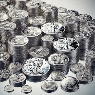 Stack of silver coins including American Eagles and Canadian Maple Leafs