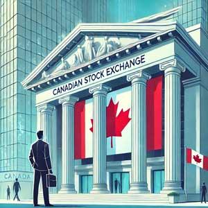 Man with portfolio standing in fron of Canadian stock exchange