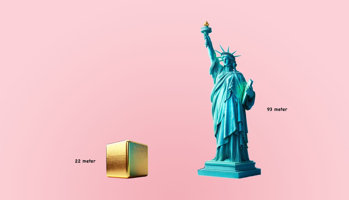 Cube of all mined gold compared to statue of liberty